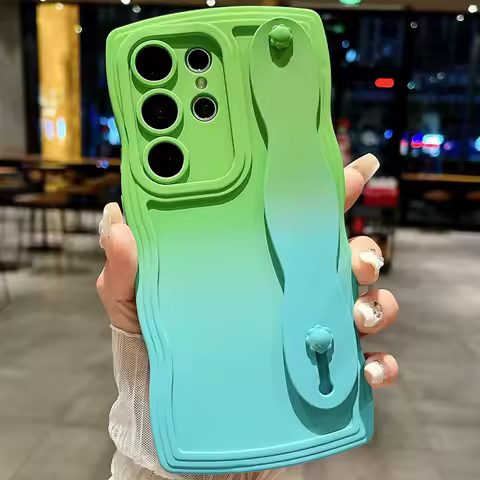 Gradient Curly Wave Wrist Strap Case For Samsung Galaxy S24 Ultra S23 S21 S20 FE S22 Plus + Note 20 A55 A535 A25 A15 5G A05s A05