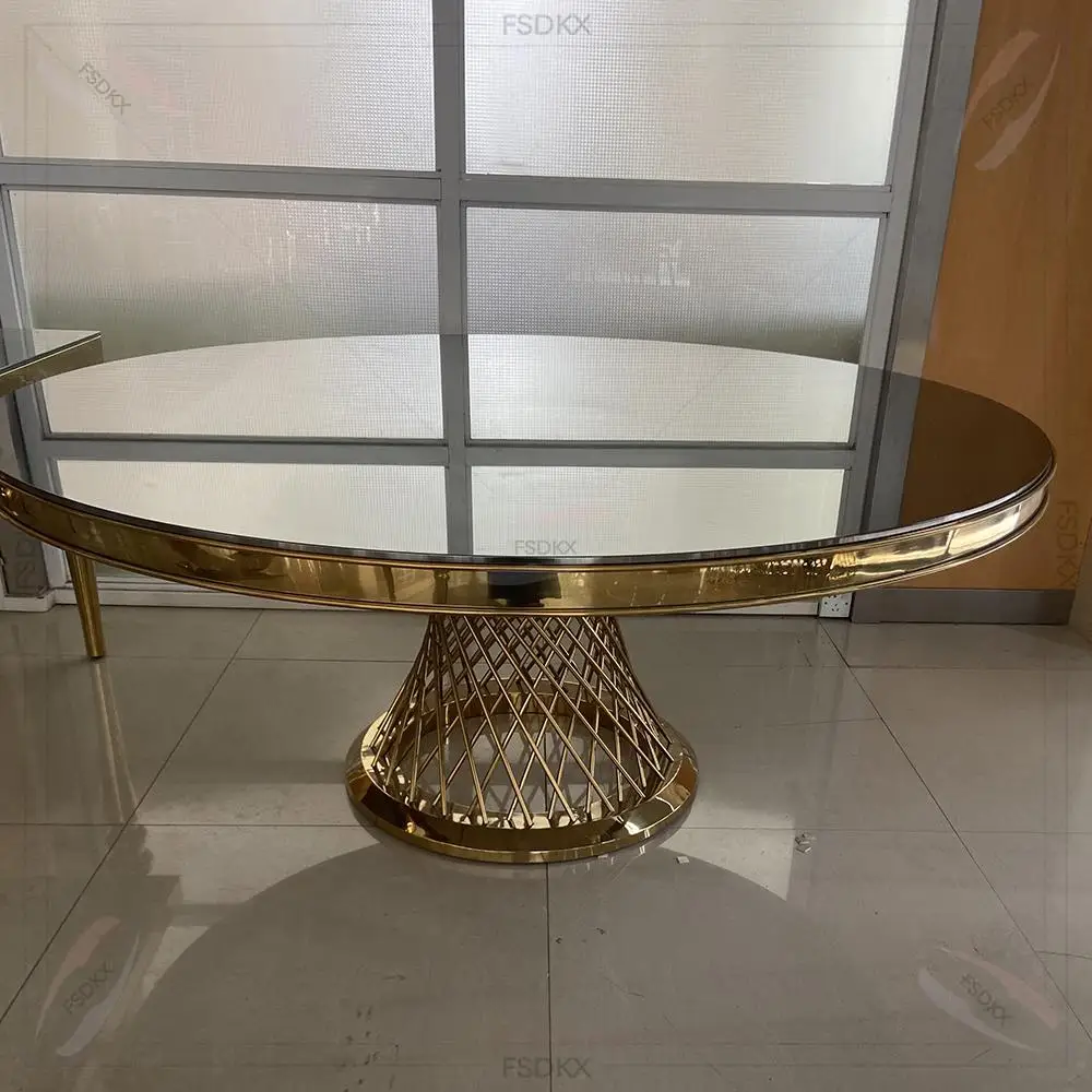 

FSDKX Luxury Gold Stainless Steel Home Furniture Metal Wedding Round Event Dining Table Set for Hotel Wedding
