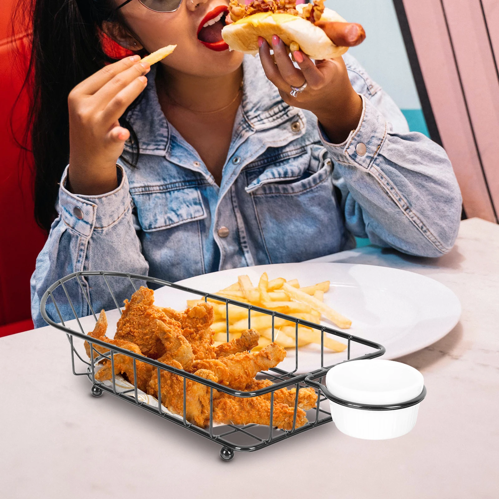 

Iron Snack Basket Food St Large Capacity Premium Materials French Fries Chips Holder Hotel Serving Dish Wrought Iron Fruit Bread