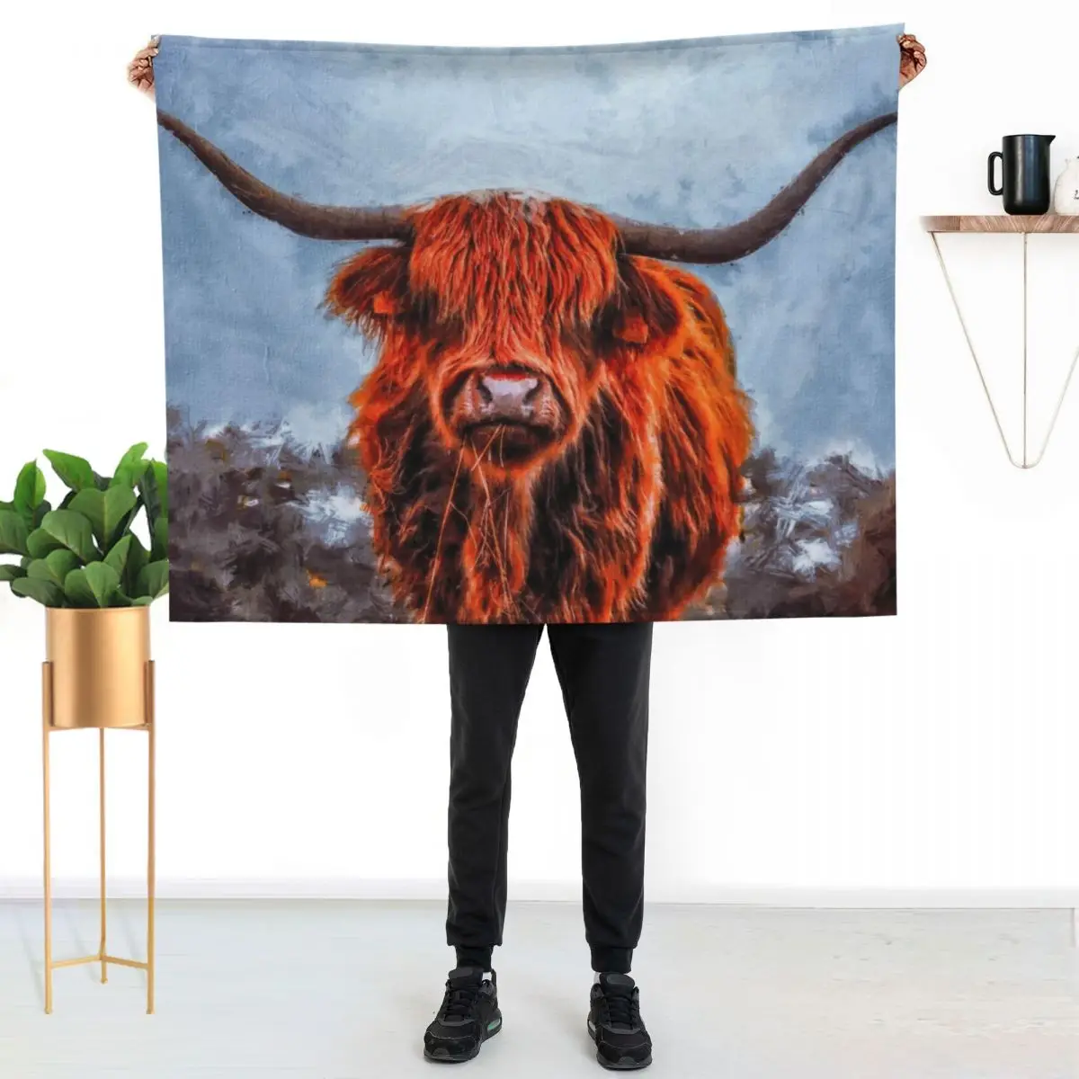 Scottish Hairy Highland Cow painting, Cute Highland Cattle Calf, Highland Cattle Cow Oil Paint, Cute Cow Throw Blanket