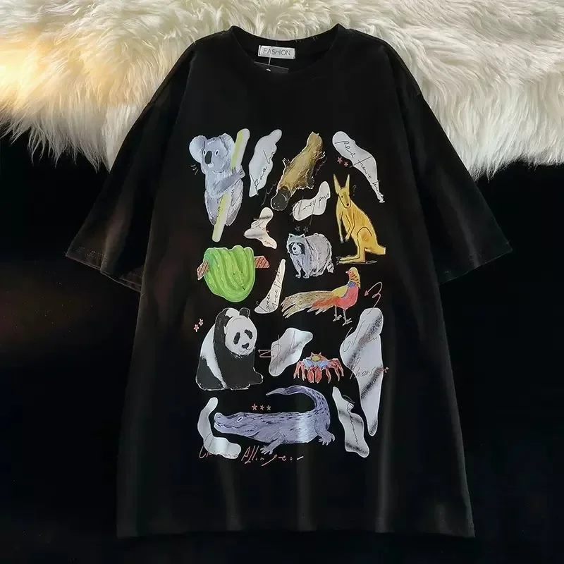 American Vintage Cartoon Funny Small Animal Print Short Sleeve T-shirt for Men and Women Summer Loose Versatile Half Sleeve Top