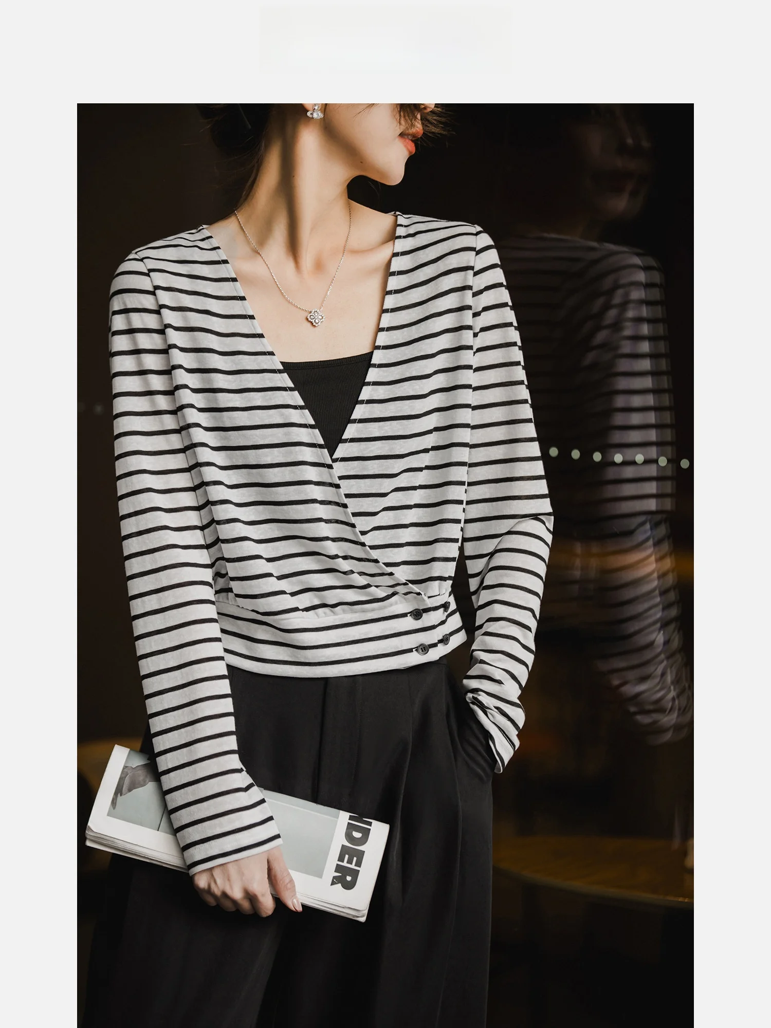 

Женский трикотажный топ с V-образным вырезом, коротким и длинным рукавом, весна-лето 2026, черно-белые полосы, повседневный свободный крой, смесь полиэстера