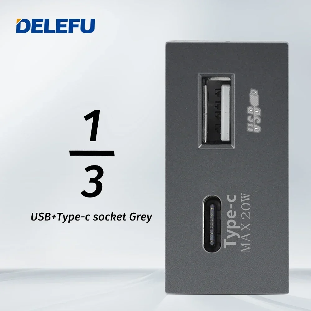 Delefu Brazilian Italy America Eu Standaard Socket Switch Usb Snel Opladen Type C Sleutel Diy 4*2 4*4 Panel Functie Moudule Grey