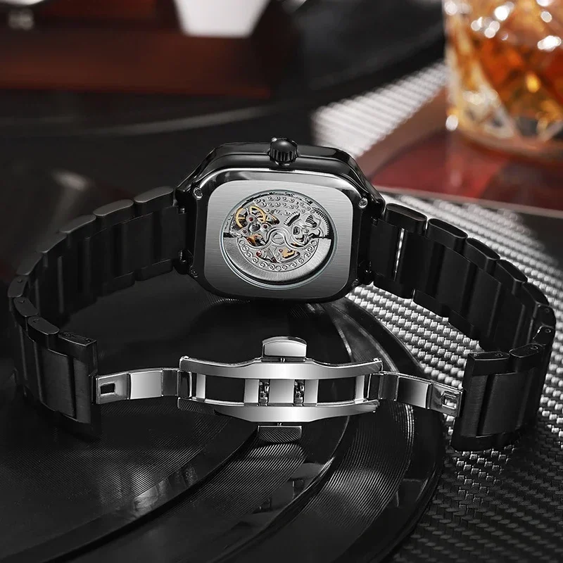 Tourbillon Hollow Sports Watch for Men Fashion Stainless Steel High Quality Square Dial Luminous AutomaticMechanical Man Watches