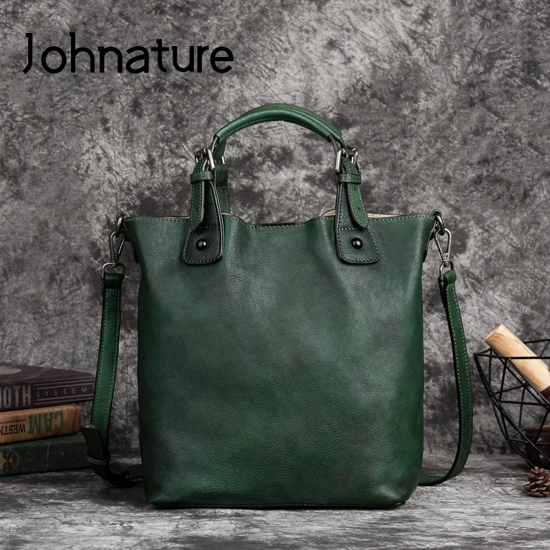 Johnature 2024 New Retro Women Bucket Bag Genuine Leather Handbag First Layer Cowhide Large Capacity Versatile Shoulder Bags