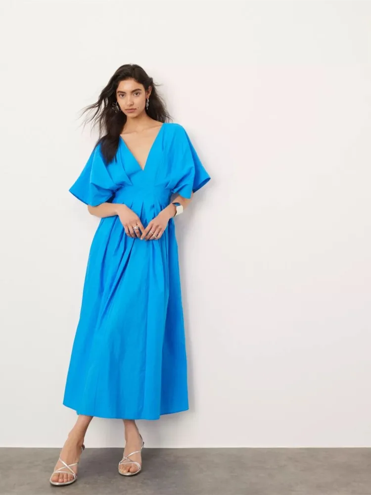 

2025 Women Solid Color Party Dress V-Neck High Waist Office Long Dresses Summer Elegant Pleat Short Sleeve Vestidos Para Mujer