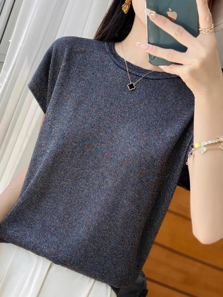 

Вязаная футболка из ледяного шелка с пайетками, женская летняя тонкая футболка с короткими рукавами, свободная новая модная корейская футболка прямого кроя