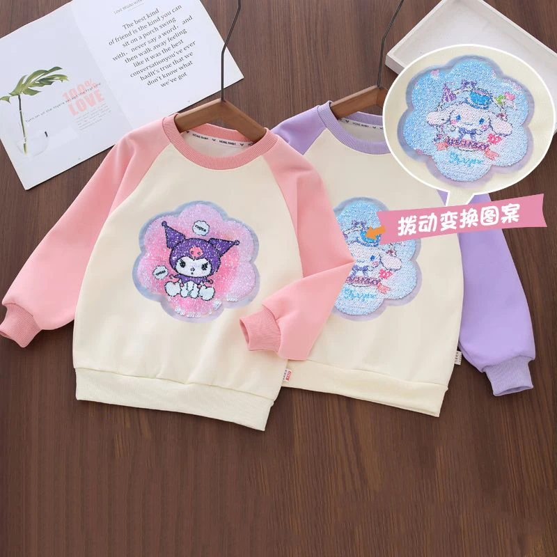 

Sanrio Kuromi Cinnamoroll Kawaii Girl Sweater Spring 2025 New Girls Variable Sequins Long-Sleeved Tops Children Kurumi Clothes
