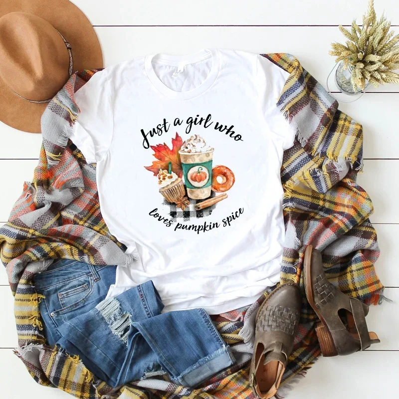 

Women just a Girl Who Loves Pumpkin Spice Halloween Thanksgiving Fall Graphic Ladies Top Tshirt Female Women T Tee Shirt T-shirt