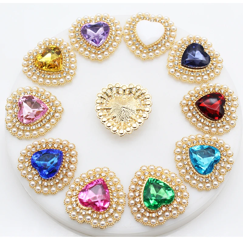 Brand New 10 Pieces 26*28mm Heart Shaped Faux Pearl Acrylic Rhinestone Buttons Handmade Metal DIY Wedding Decor Bow Hair Ornamen