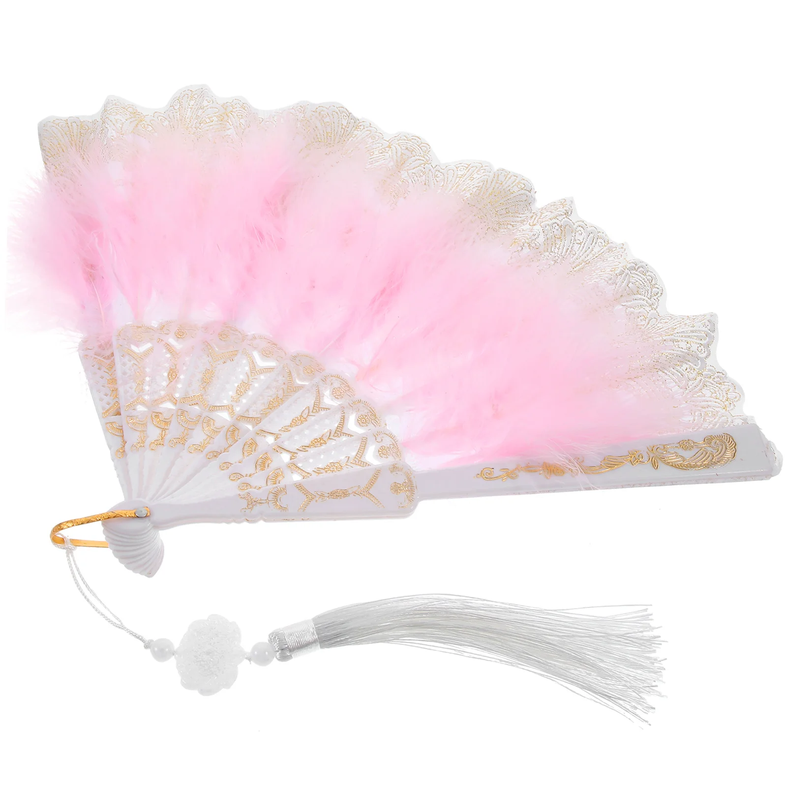 Fan Hand Fans Foldable Real Plume Wedding Bridal Decorative Pink Gold Embroidery Flower Design Costume Party Cosplay Tea