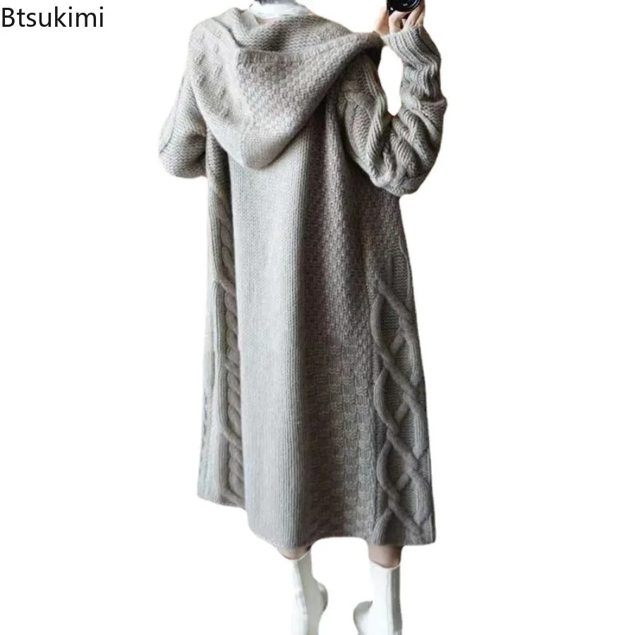 Autunno Inverno nuove donne cardigan maglione cappotti lavorati a maglia con cappuccio tinta unita jacquard manica lunga cardigan lunghi moda allentata