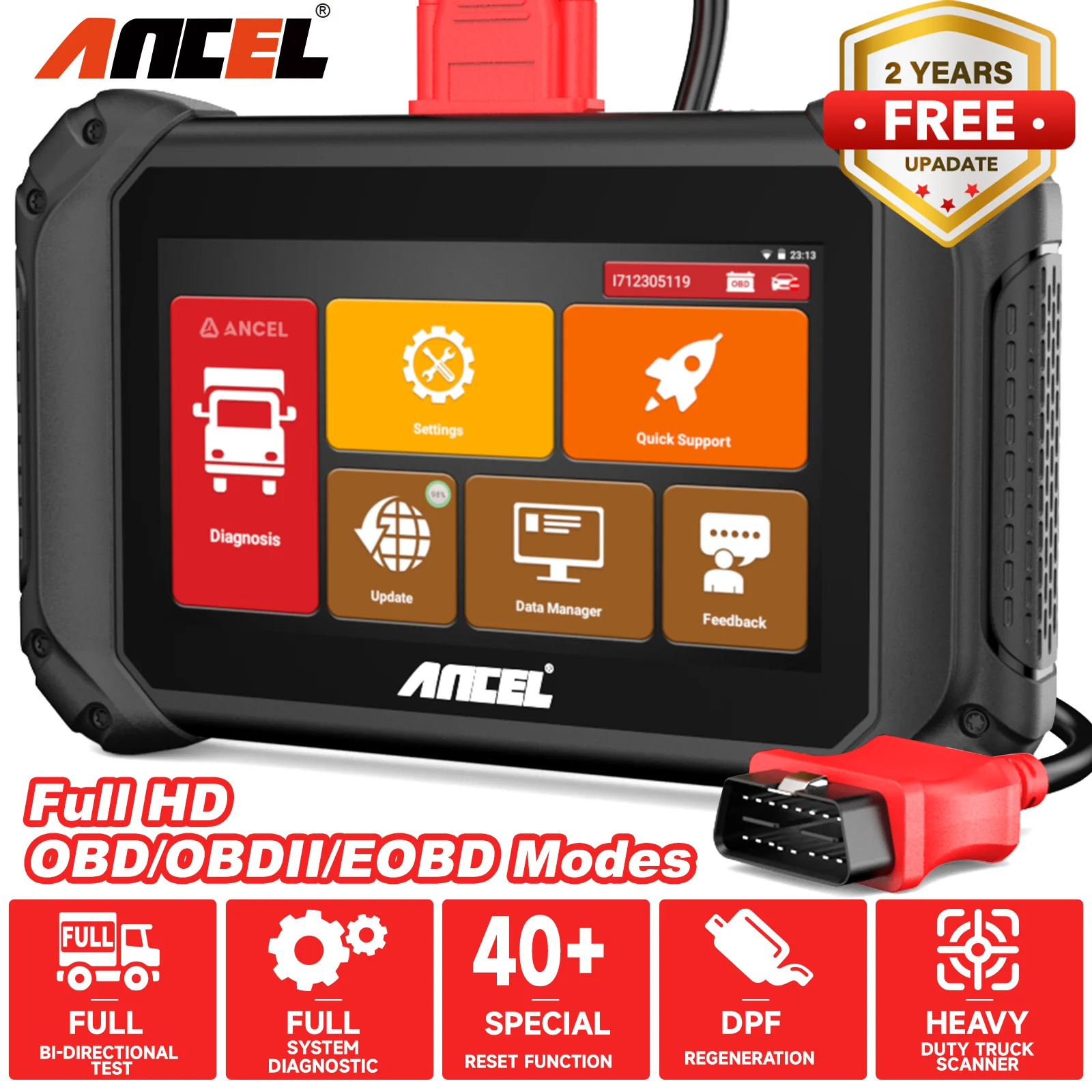 ANCEL V5 HD 24V Diesel Heavy Duty Truck Scanner Semi Truck Full System Diagnostic Tool Oil Reset ldle Speed Injector Coding