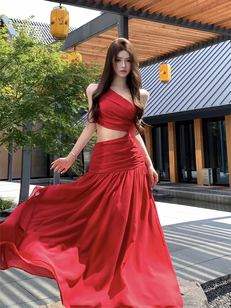 French style Romantic Red White Long Dress High-End Feel Waist-Length Sleeveless Vacation Gown Bohemian Dress