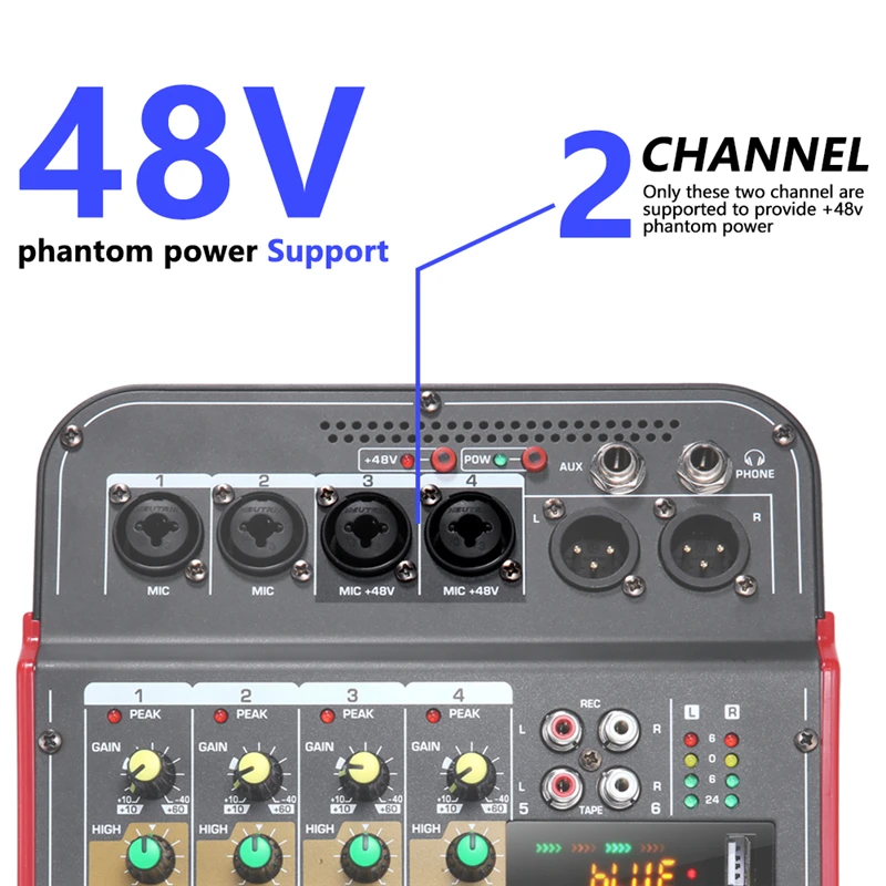 6-Channel Audio Mixer Outdoor Conference Audio USB Bluetooth Reverb Audio Processor Sing Live with Sound Card Sound Mixer