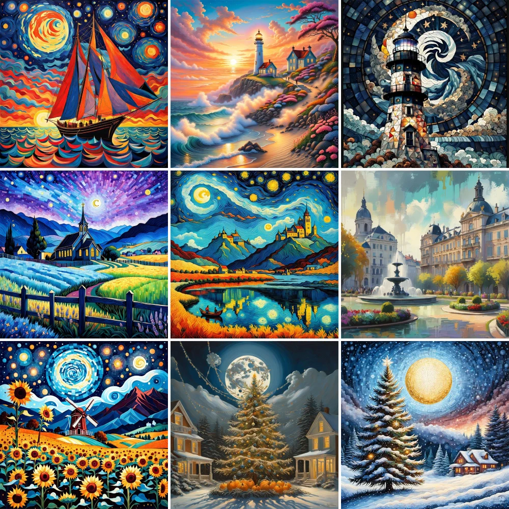 Landscape Starry Night Printed Fabric Cross-Stitch Patterns Embroidery Hobby Handmade Craft Knitting Jewelry Promotions Package