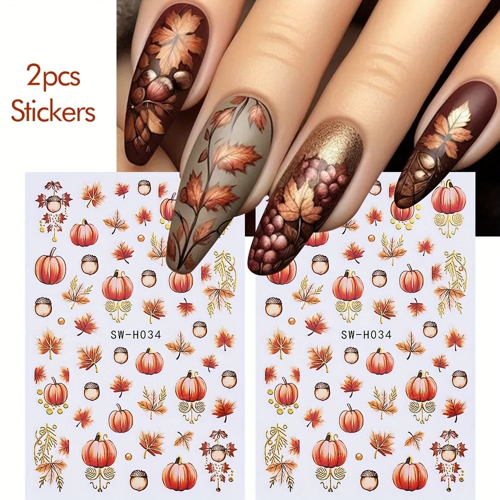 2PCS Autumn maple leaf nail stickers, easy to apply for nail decoration DIY、 Gifts, parties, and wedding makeup and styling
