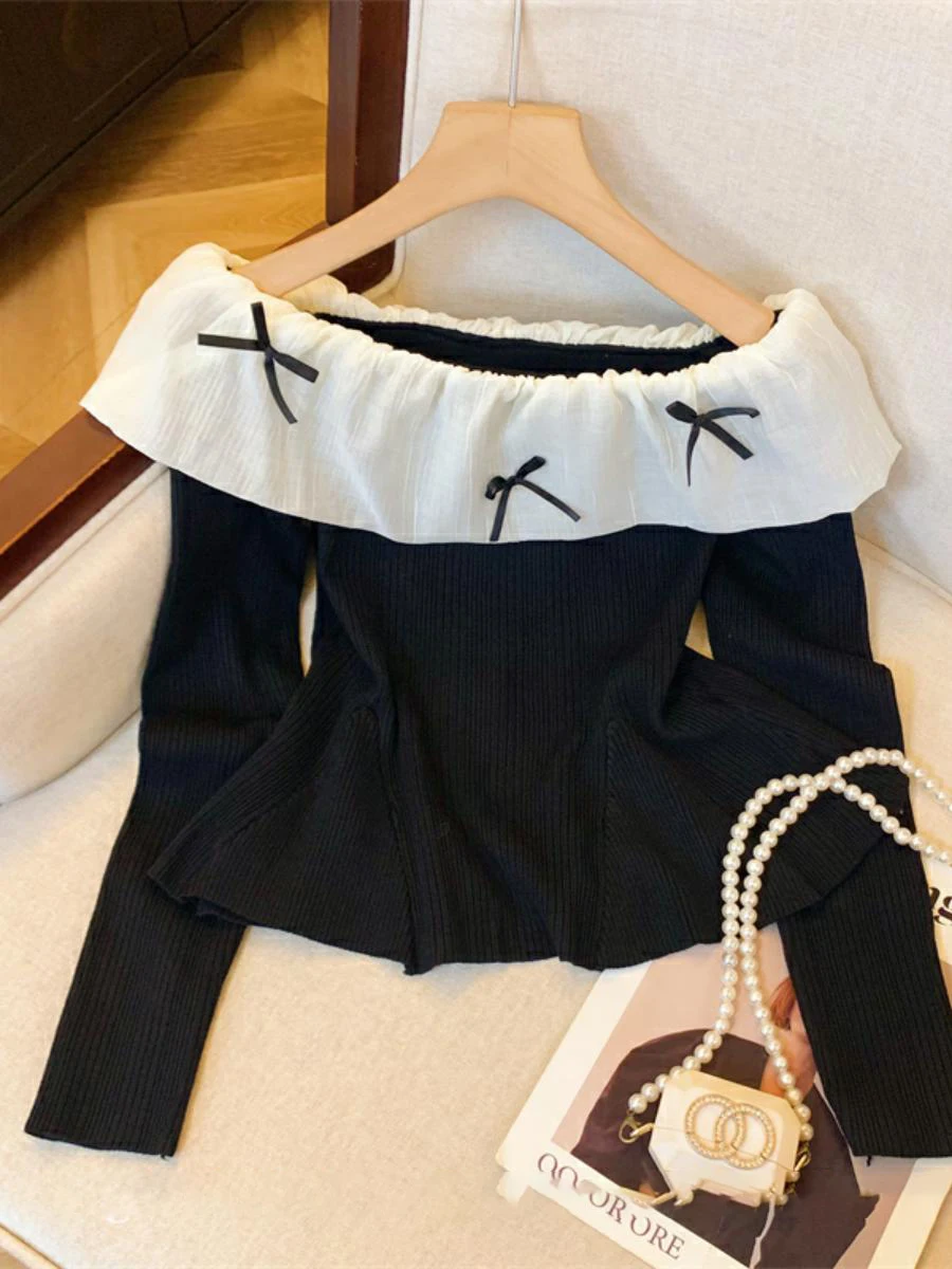 Korean Slash Neck Knitted Pullovers Women Spring Autumn Unique Bow Ruffle Edge Sweaer Fashion Slim Fit T-shirt Women's Tops