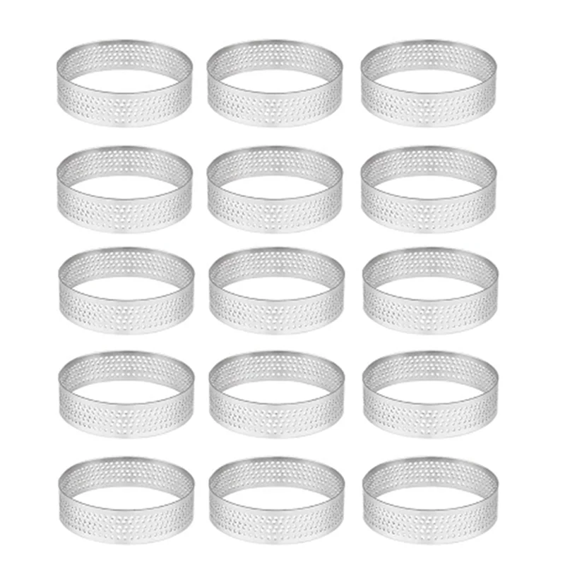 15 Pack Stainless Steel Tart Ring, Heat-Resistant Perforated Cake Mousse Ring, Round Ring Baking Doughnut Tools