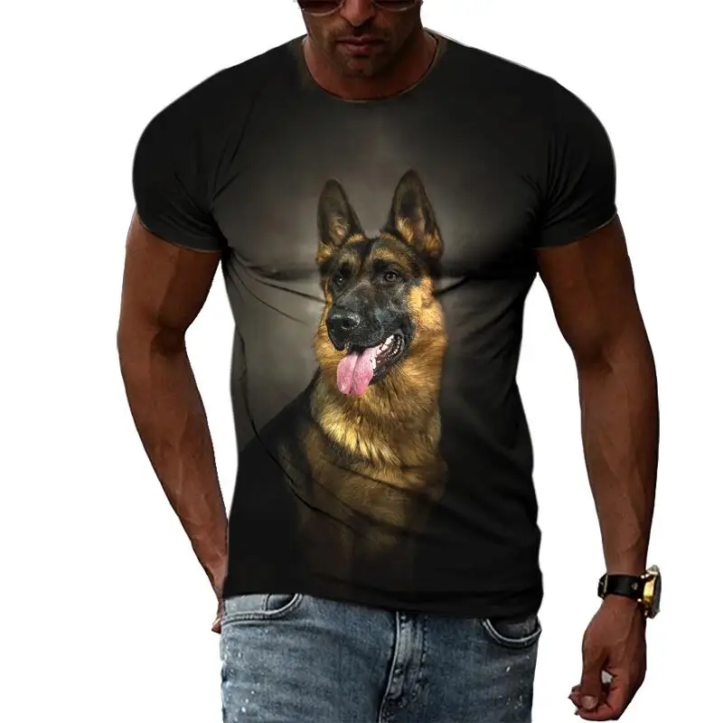 Męska letnia koszulka z nadrukiem 3D, grafika psa, styl casual hip hop Harajuku, okrągły dekolt, krótki rękaw.