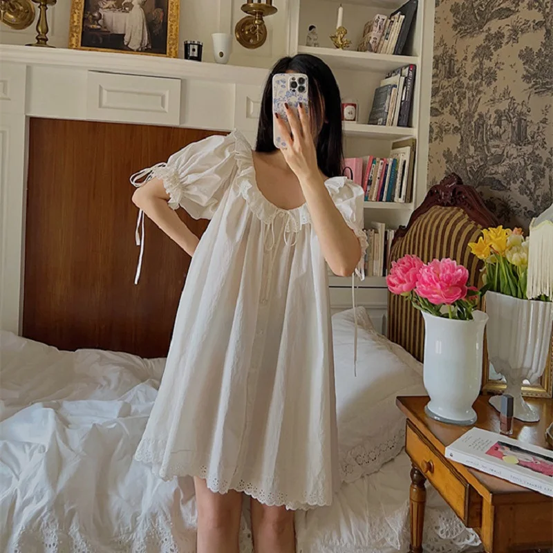 Vintage White 100%Cotton Nightgowns For Women Short Sleeve Sleepwear Vintage Princess Elegant Short  Dress