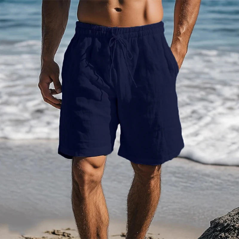 Vintage Solid Color Linen Shorts For Mens Spring Summer Casual Beach Shorts Leisure Loose Drawstring Lace-up Shorts Men Vacation