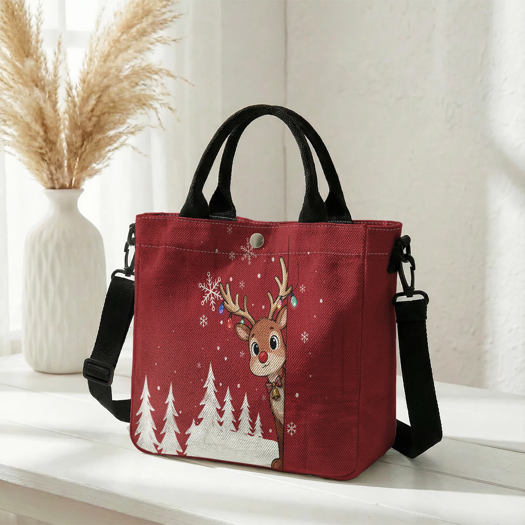 Christmas Reindeer Snow Tree Print Tote Bag, Detachable Strap Crossbody Handbag For Daily Work Shopping