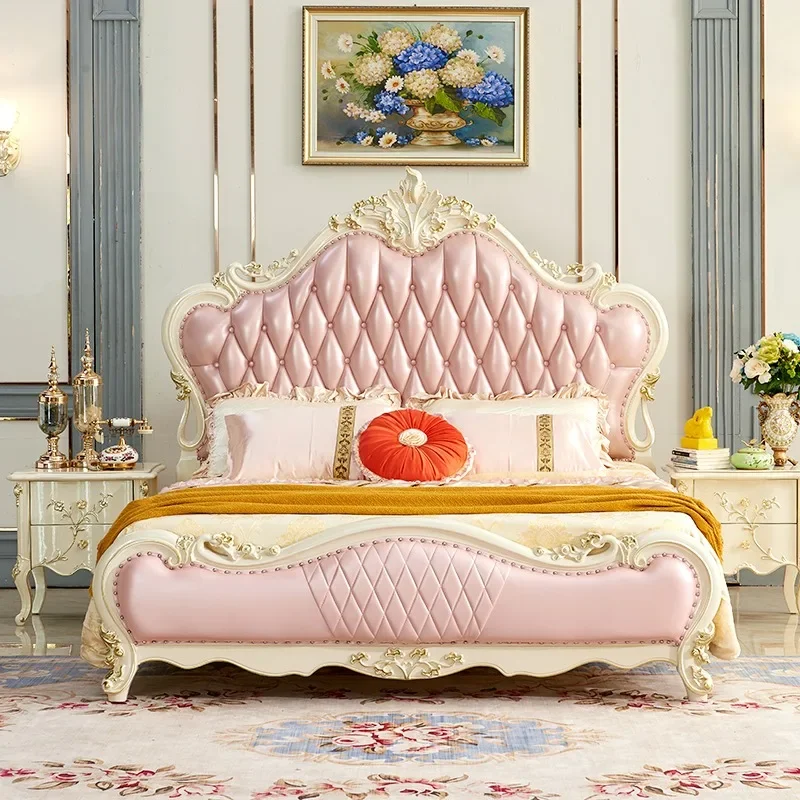 Factory Direct 2026 Leather pink double bed full solid wood 1.8m master bedroom queen bed French luxury wedding bed pearl white