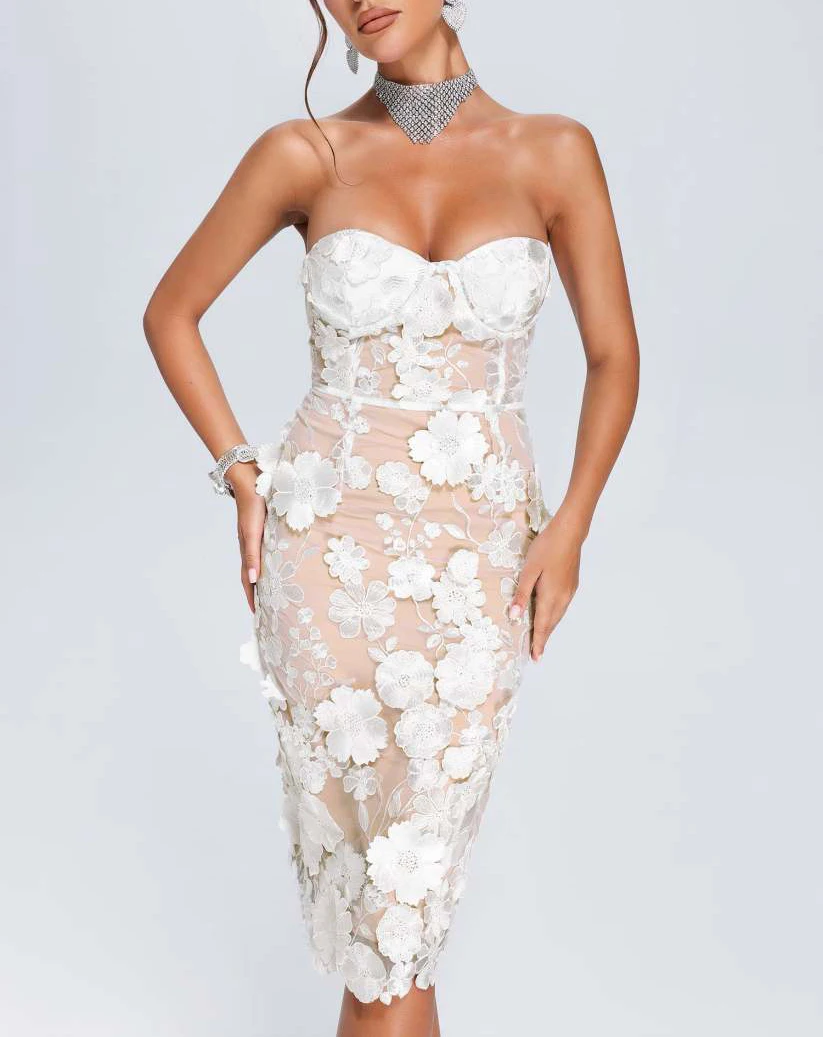 New Red Color Women Strapless Embroidery Flowers Bodycon Midi Bandage Dress Fashion Celebrate Birthday Evening Party Dress