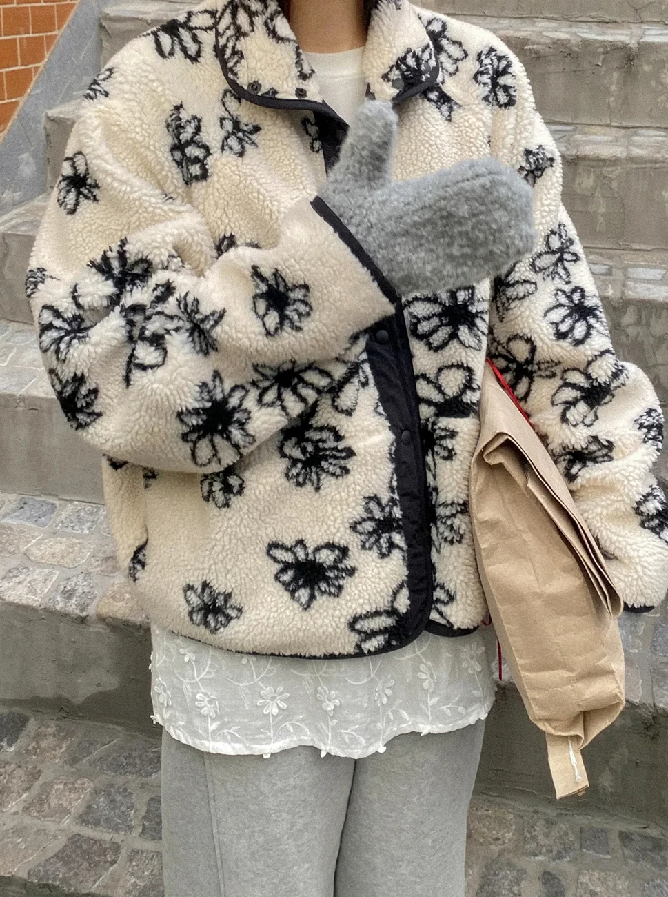

Korean Sle Double-Sided Wear Floral Pattern Loose Women's Jaet Winter Warm Cotton Coat ort Sve Zipper Closure