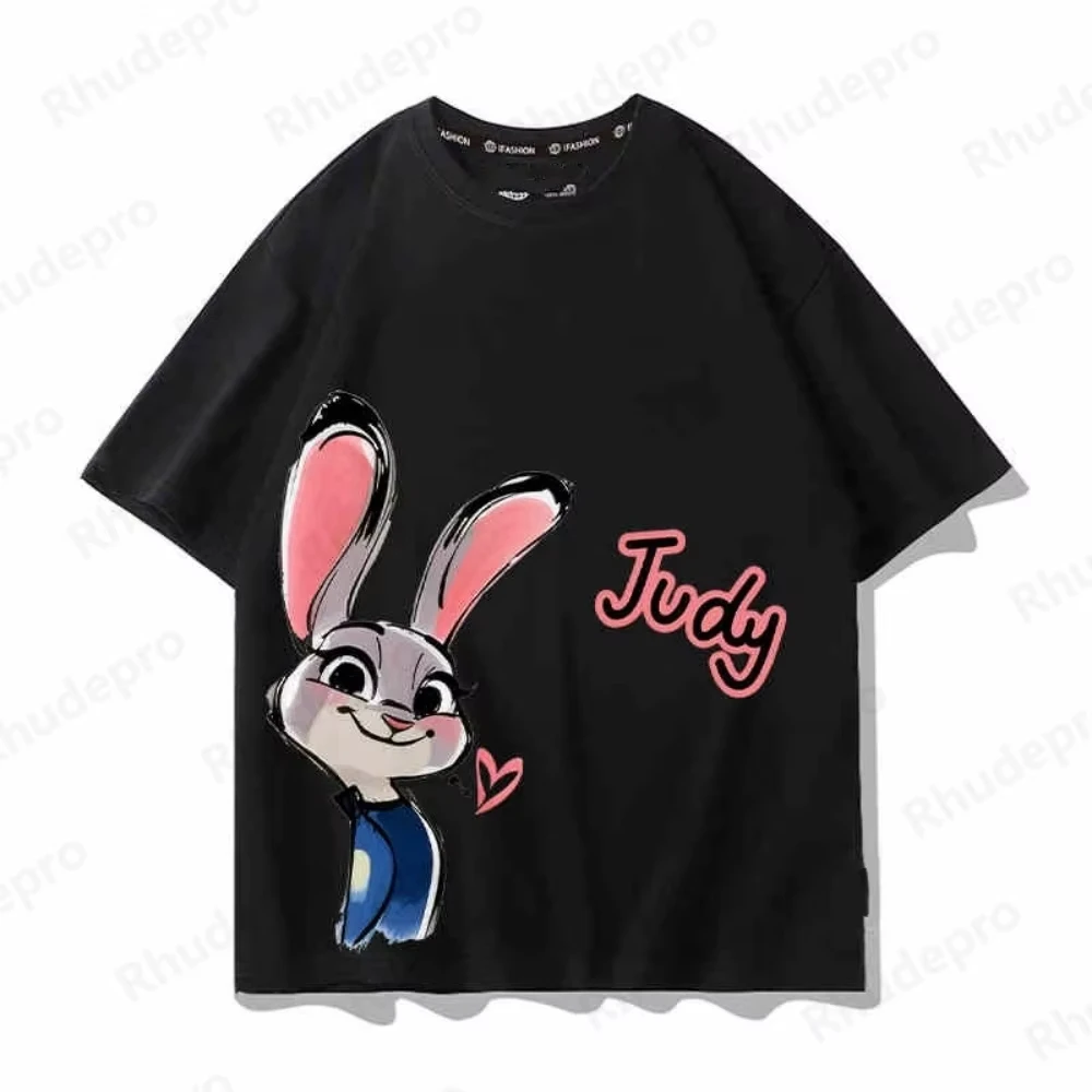 تي شيرت ديزني صيفي جديد لعام 2025 تي شيرت Zootopia Nick Judy مطبوع عليه رسوم متحركة أنيمي ملابس الشارع الشهير تي شيرت كبير الحجم ملابس غير رسمية #5