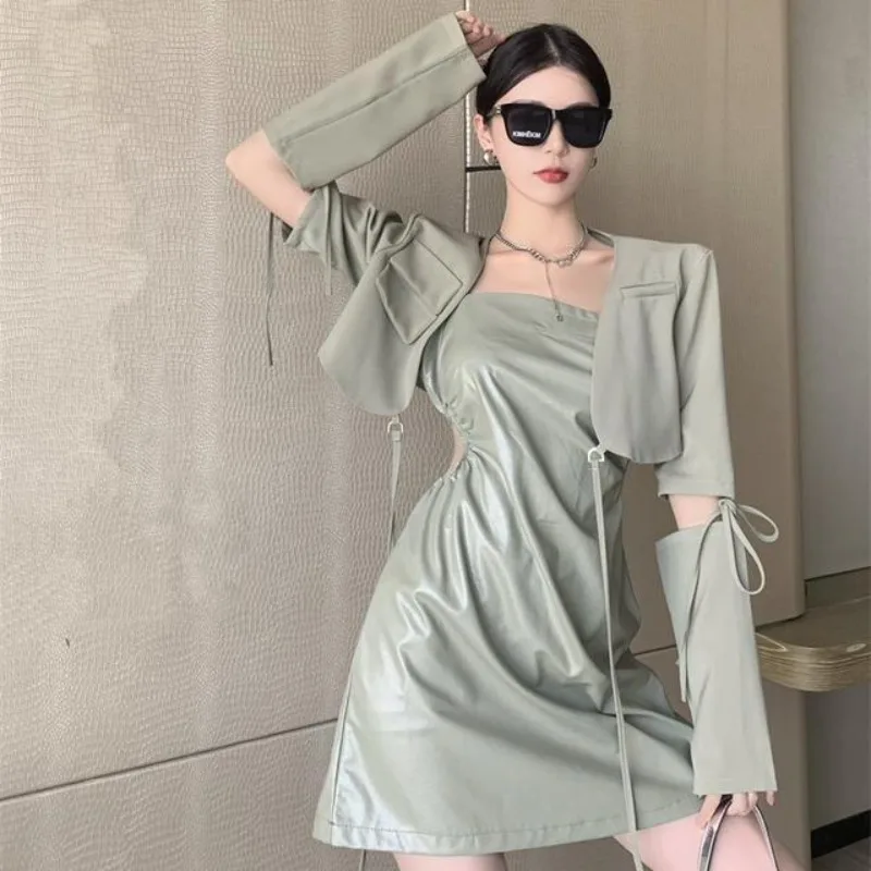 Early Autumn New Women's Clothing Network Red Fashion Suit Thin Halter Dress Royal Sister Wind Skirt High Cold Two Matching Sets