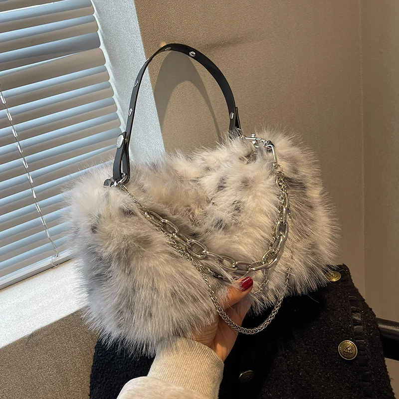 Fur Women\'s Small Tote Bag Fashion Autumn Winter Bag for Women Plush Handbags Cute Chain Shopping Bag Plush Shoulder Bag