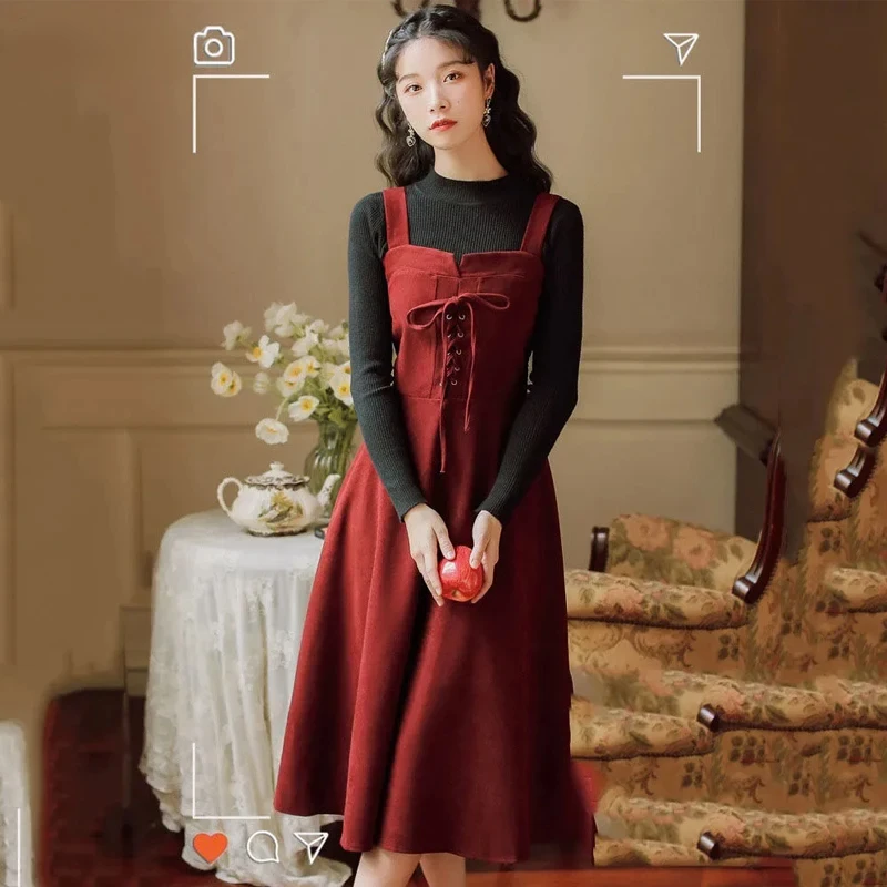 

NONSAR Autumn Female Corduroy Dress Korean Style Retro Sleeveless Long Solid Color Dress Forest All-match Cothing NEW HOT