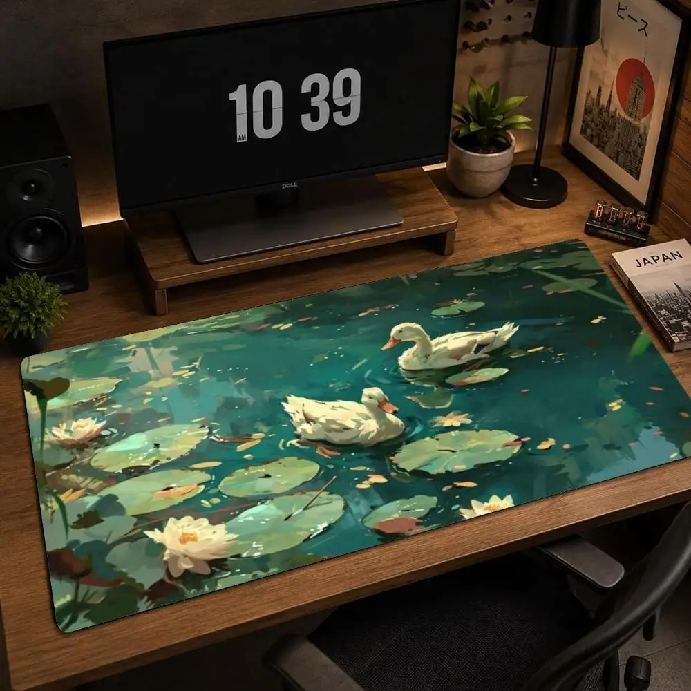 Large Vintage Duck Pond XXL Gaming Mouse Pad Lotus Water Lily Scenery Deskmat Non-Slip Rubber Keyboard Game Desk Mats Mousepads