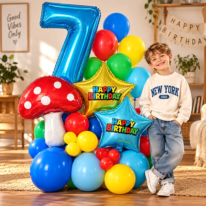 Ensemble de ballons de décoration de fête Super Bros avec ballons en forme de champignon, d'étoile dorée et de manette de jeu pour anniversaire et décoration photo en intérieur