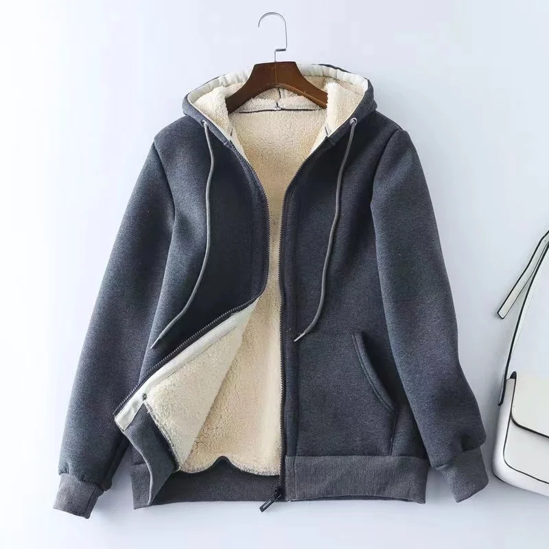 Add Velvet Padded lambswool Coat Women's Autumn Winter New Hooded Jacket Loose Casual Warm Sportswear Cardigan Outerwear Female