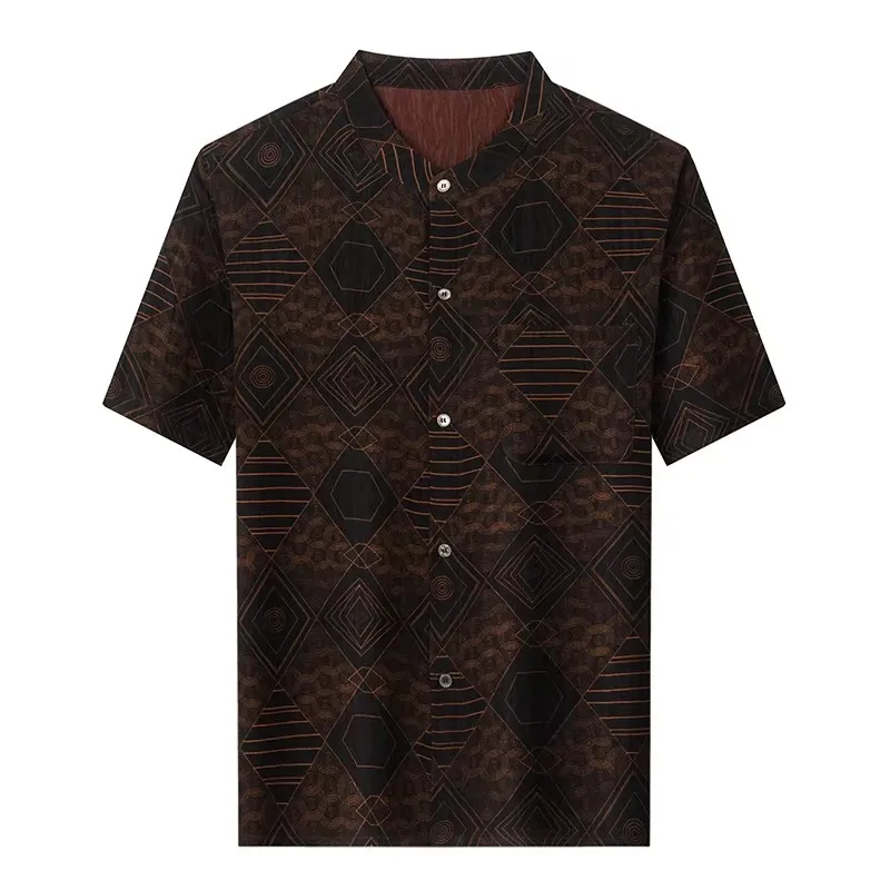 Argyle Jacquard Lightweight Shirts For Men Short Sleeve Premium Summer Quality Genuine Silk 100% Skin-Friendly Camisas De Hombre