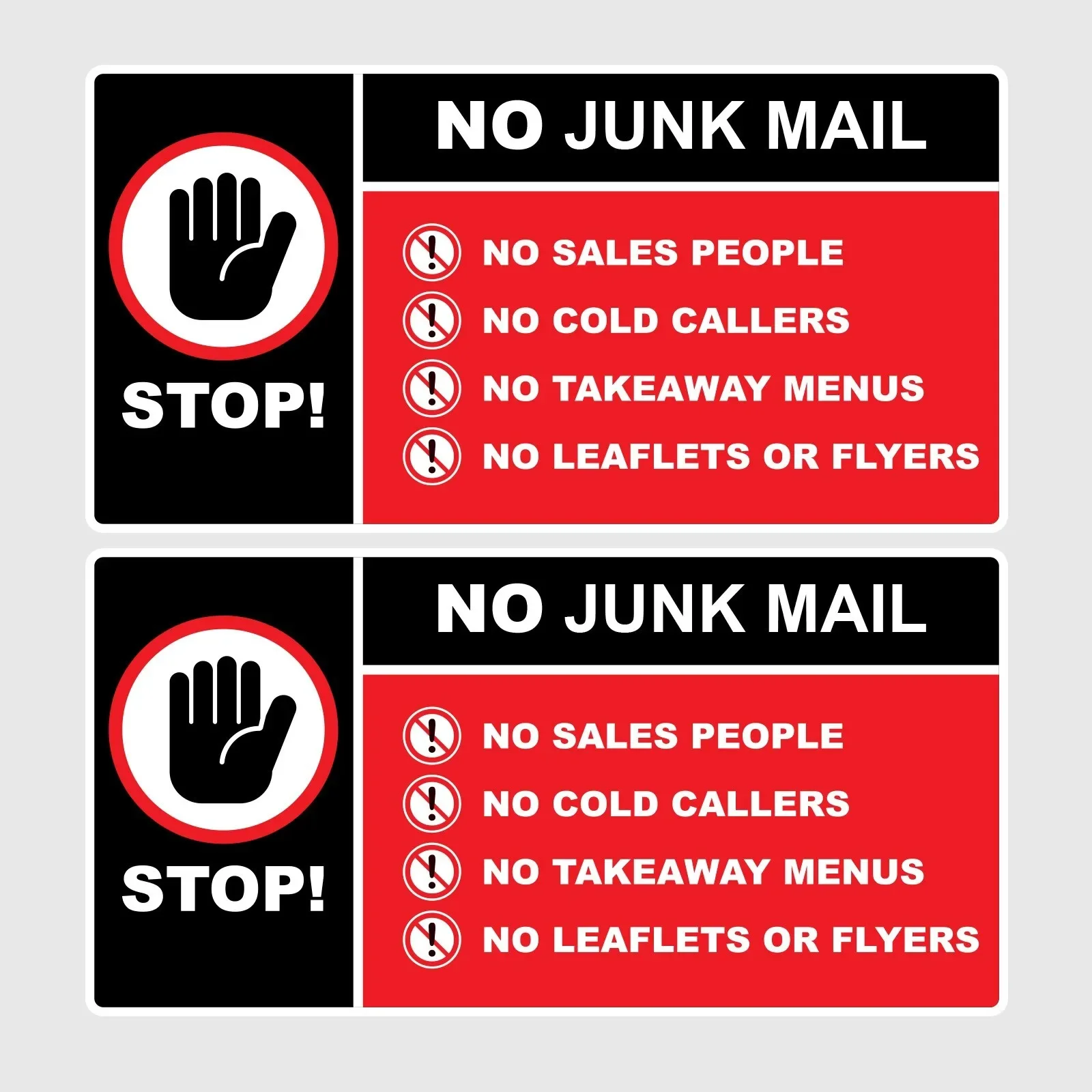 2Packs 100mm x 50mm Stop No Junk Mail Letterbox Sign Stickers Waterproof For Car Window Home Front Door