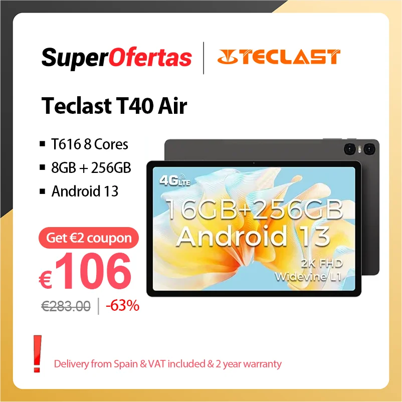 Teclast T40 Air 10.4 Inch 2K FHD Tablet 8GB RAM 256GB ROM 2000x1200 UNISOC T616 Octa Core 4G Network WiFi Android 13 PC Tablet