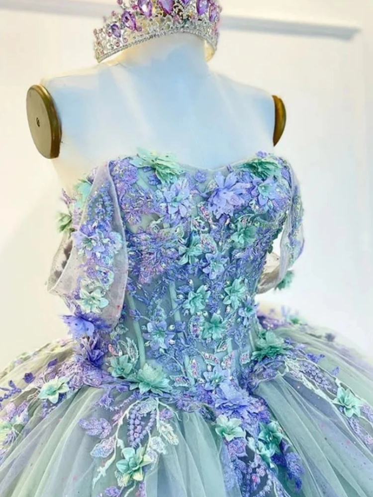 

A1401 High End Real Princess Girl Quinceanera Dresses Flower Applique Bowknot Ballgown Prom Birthday Party Wedding15 Customized