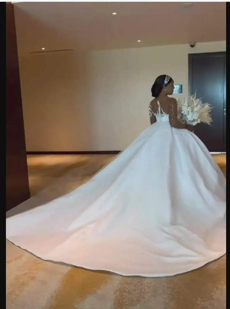 Robe De mariée personnalisée, col transparent, perles brillantes, Illusion De mariée, manches longues, Robe De bal africaine