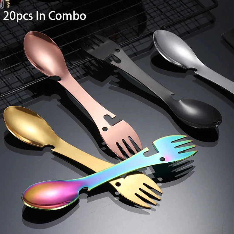 20pcs Outdoor Camping Tableware Spoon for Wholesale Multi Function Fork Dishware Picnic Cutting Knife Bottle Opener