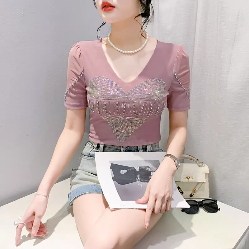 New Fashion Summer Girl Love Heart Shiny Diamonds T-shirt Chic Sexy V-Neck Short Sleeve Top Shirt Women Slim All-Match Mesh Tees