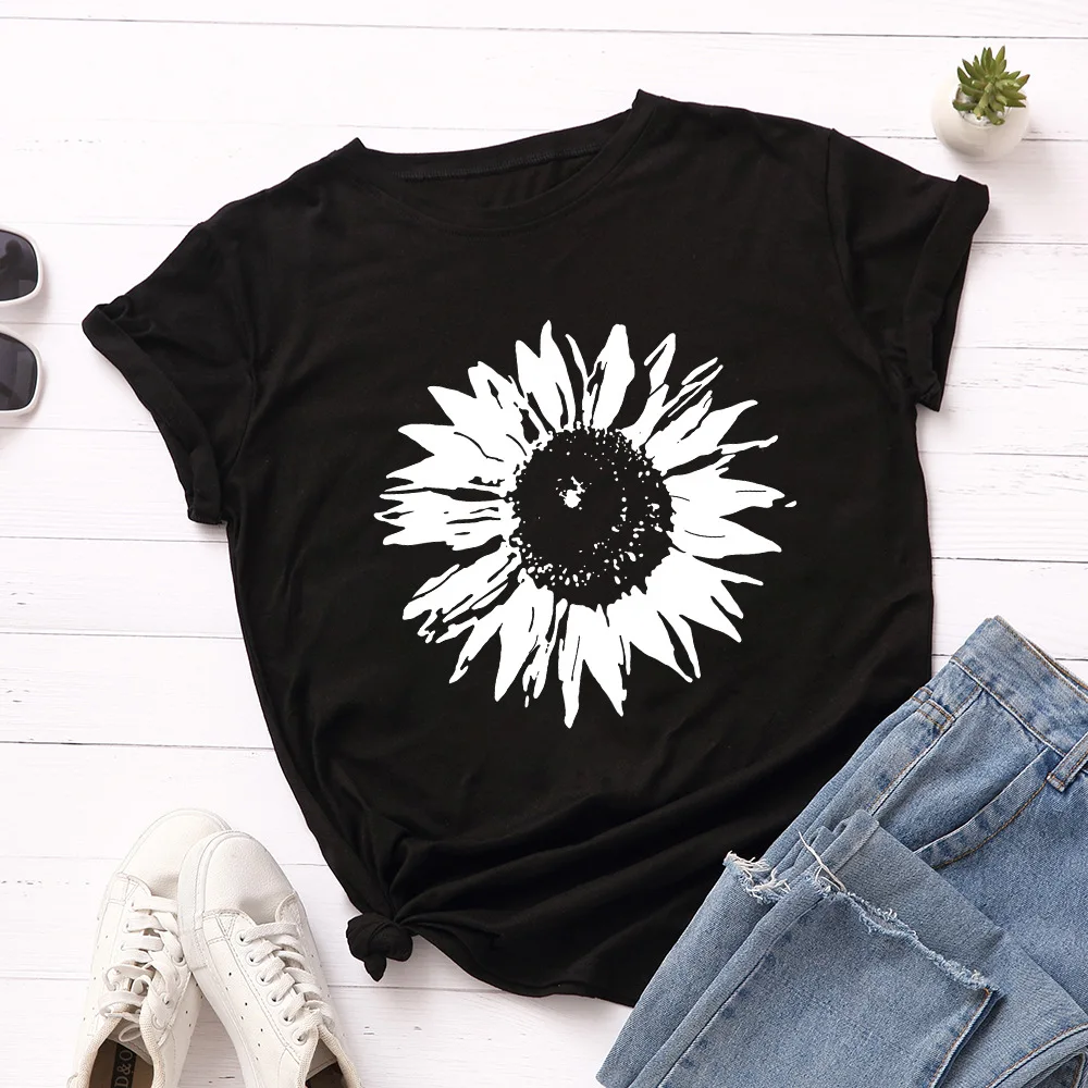 S-5XL Oversized Women T-shirts Female Short Sleeve Tee Tops Flower Printed Woman Casual Tshirt 2024 Summer Cotton T Shirt