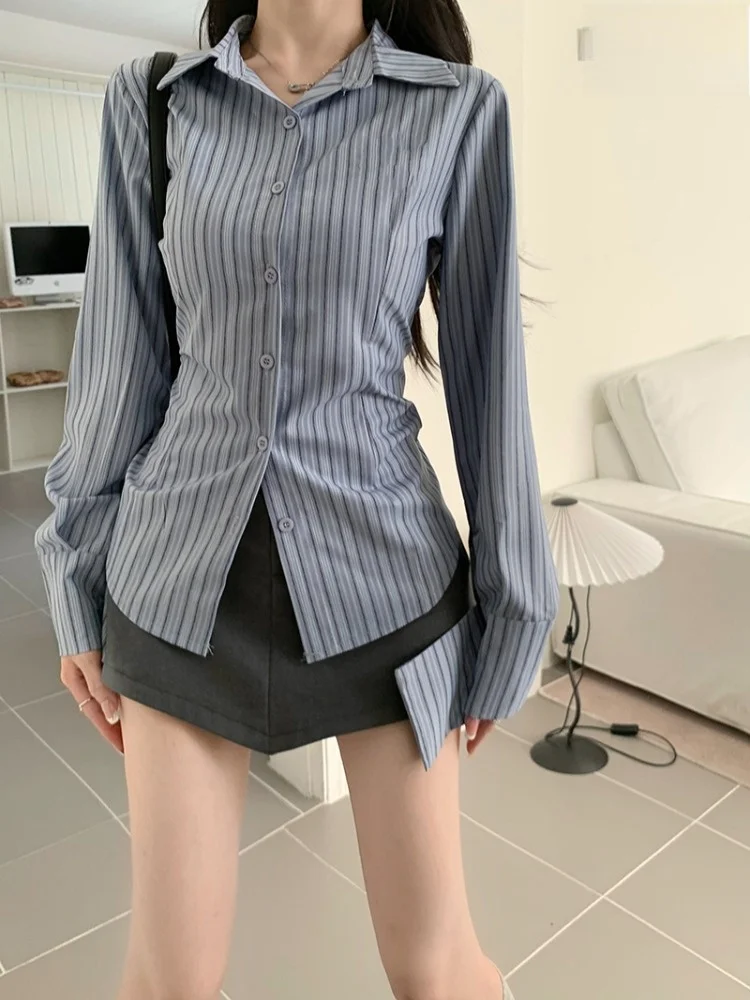 

Slim Fit Long Sleeve Neck Striped Shirt for Women Korean Style Commute Fashion Pure Desire Spring Autumn plus Size