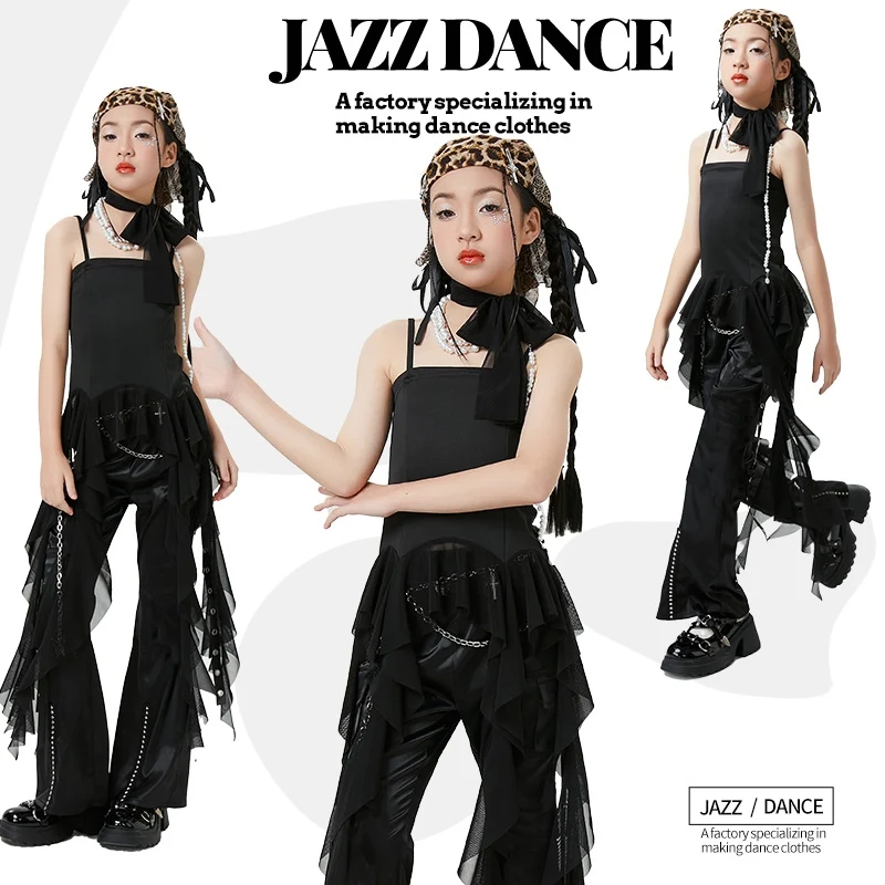 

2025 Children Ballroom Hip Hop Dance Costumes For Girls Lotus Leaf Ribbon Top Flared Pants Suit Jazz Performance Wear DQS19313