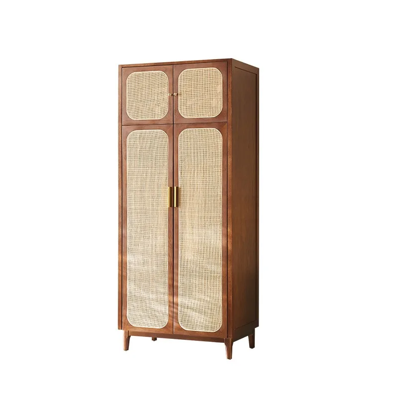 Nordic solid wood wardrobe, home retro bedroom storage locker, modern simple small apartment rattan double door wardrobe