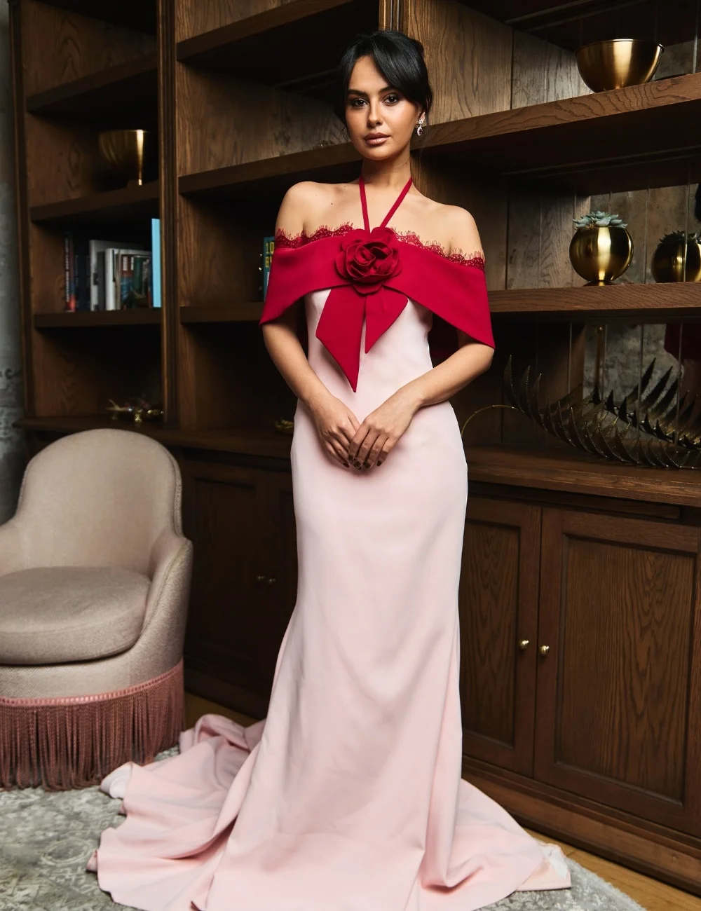 

Customized Pastrol Exquisite Jersey Handmade Flower Pleat Ruched Mermaid Off-the-shoulder Long Dresses Evening Dresses Fashion