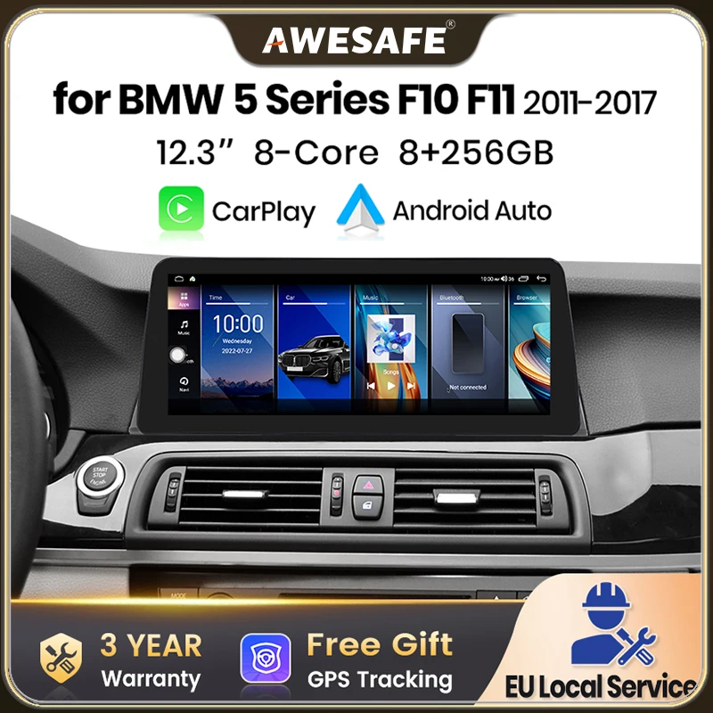 AWESAFE Radio Multimedia Inalámbrica con Pantalla Táctil Carplay Android Auto para BMW Serie 5 F10 F11 2011-2017 Sistema NBT CIC Reproductor de Video 4G Wifi Navegación GPS DSP Actualización de Sistemas Inteligentes para Automóviles